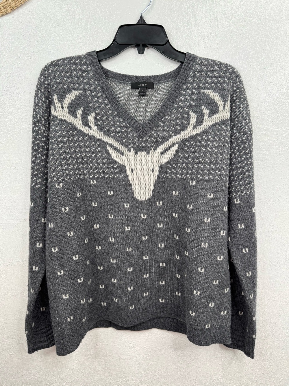 J.Crew Sweater Womens XL Gray Ivory Deer Wool V-Neck Pullover Holiday Winter